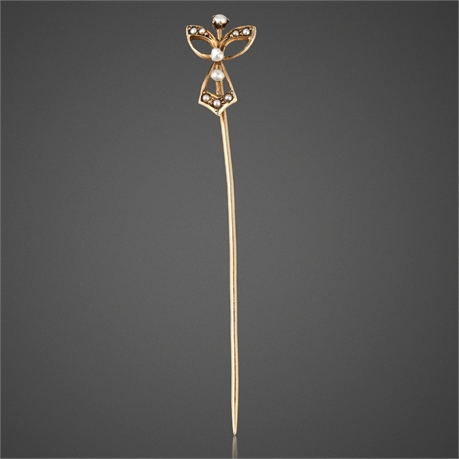 Antique 10K Gold Angel Stick Pin with Seed Pearls – Art Nouveau, 2.5”