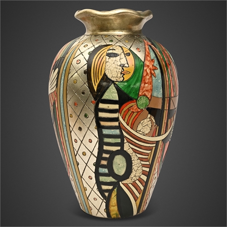 Alexander Kalifano Cubist Picasso-Style Hand-Carved Ceramic Floor Vase