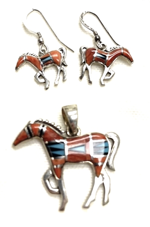 Inlaid Sterling Silver Horse Earrings and Pendant