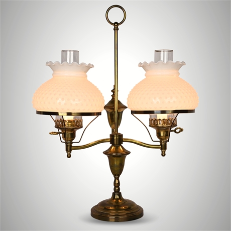 Vintage Brass Double Student Lamp – Hobnail Milk Glass Shades, 3-Way Switch