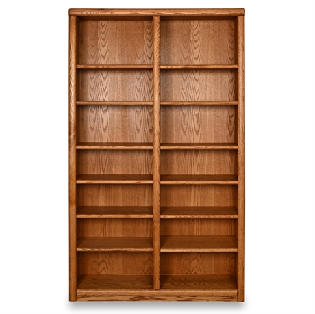 7' Double Oak Bookcase - 12 Adjustable Shelves