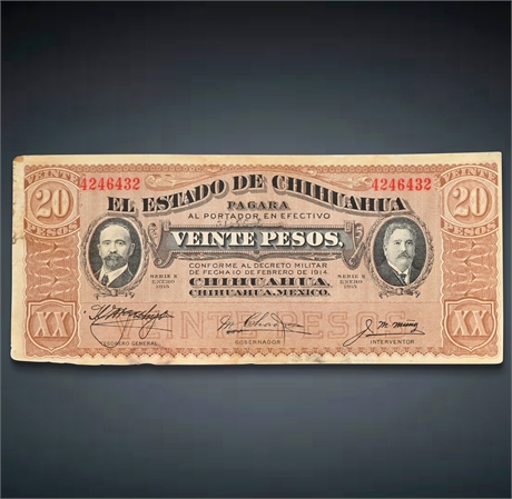 1915 Chihuahua 20 Peso Revolutionary Banknote