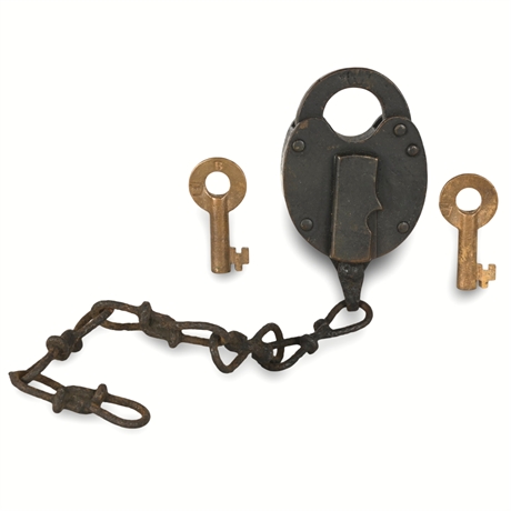 Antique Fraim 1911 Railroad Padlock with Two "B" Marked Keys and Chain