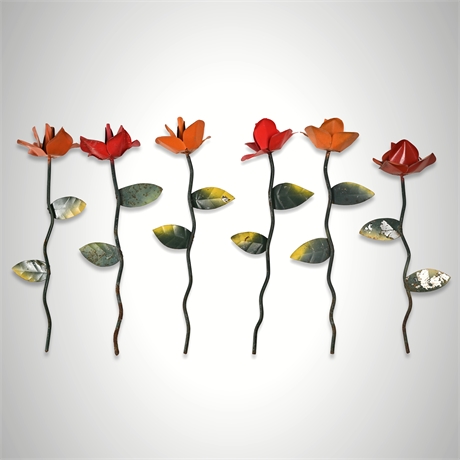Set of 6 Orange & Red Vintage Metal Flowers