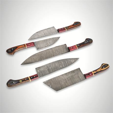 LM Customs Damascus Kitchen Knife Set w/ Roll, Box – 5 Knives