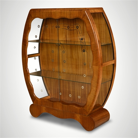 English Art Deco Walnut Barrel-Form Vitrine c.1935 Etched Floral Glass