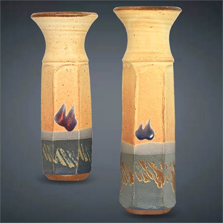 Pair Mid-Century Hexagonal Stoneware Vases