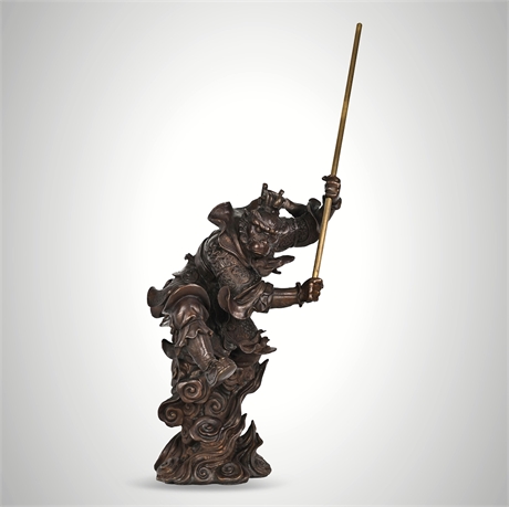 Bronze Sun Wukong Monkey King in Armor with Brass Staff, Battle Stance