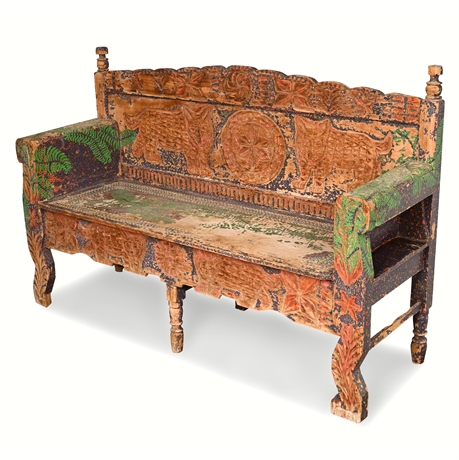 Hand-Carved Painted Folk Art Bench – Cats & Floral Motifs