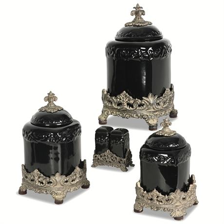 Drake Design Black Ceramic Canister Set with Ornate Bases & Salt/Pepper Shakers