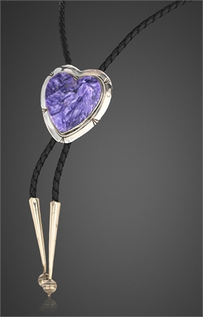 Navajo Sterling Silver & Charoite Heart Bolo Tie — Handcrafted