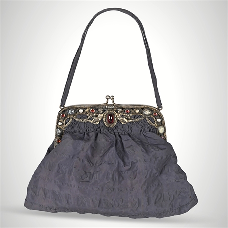 Victorian Cherub Jeweled Mourning Bag with Garnet & Pearl Accents