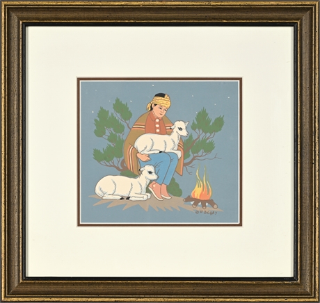 Harrison Begay Tewa Serigraph – Navajo Shepherd Scene, Framed