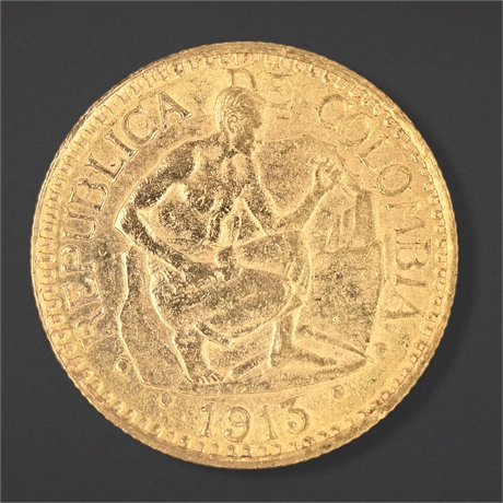 1913 Colombia 5 Pesos Gold – Stonecutter – 22K, Low Mintage