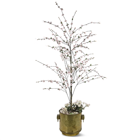 Faux Cherry Blossom Tree in Brass Pot with Handles