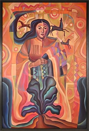 Modernist Oil Painting — Woman with Horses, Vibrant Abstract Composition