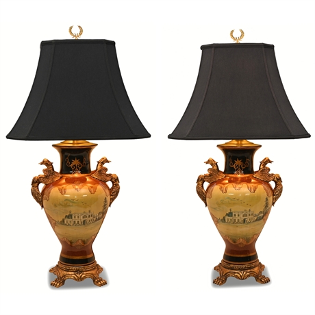 Pair of Maitland Smith Hand-Painted Ceramic Table Lamps