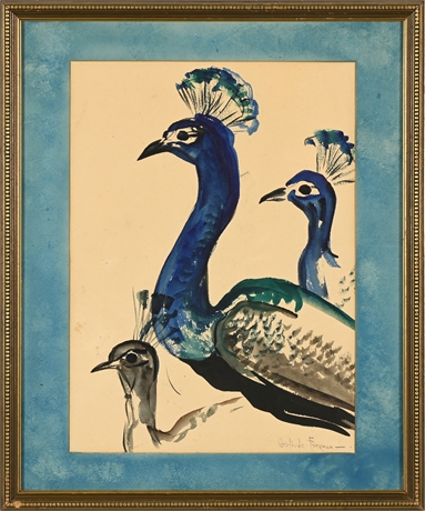 Gertrude Freyman 'Peacocks' Watercolor