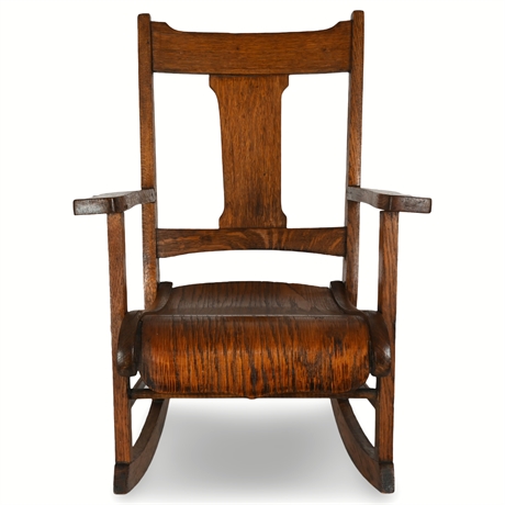 Antique Child-Sized Mission-Style Oak Rocking Chair with Contoured Seat