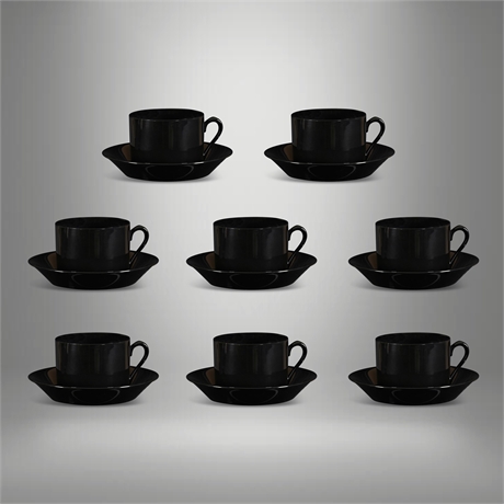 Fitz and Floyd Black Coupe Cup & Saucer Service for Eight, 1978