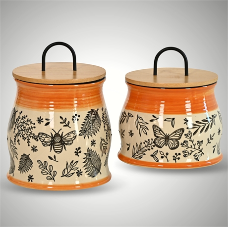 Pair Botanical Jars/Canisters by Youngs Stoneware