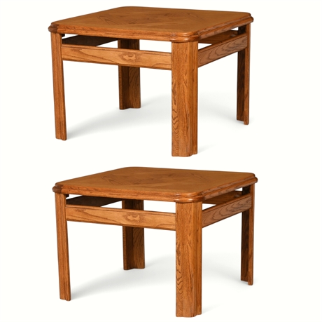 Pair of Solid Wood & Veneer End Tables – 28” Square, Classic Oak Finish