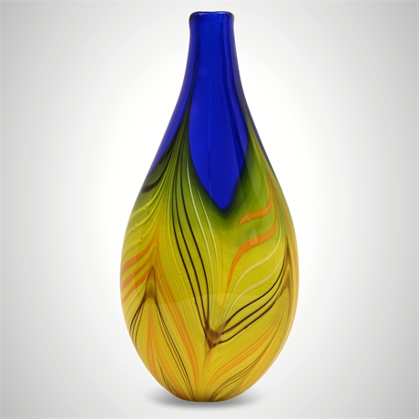 Fifth Avenue Crystal Art Glass Vase Blue Yellow Swirl 14"
