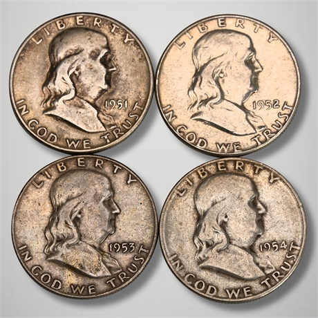 (4) 1951 - 1954 Franklin Silver Half Dollars