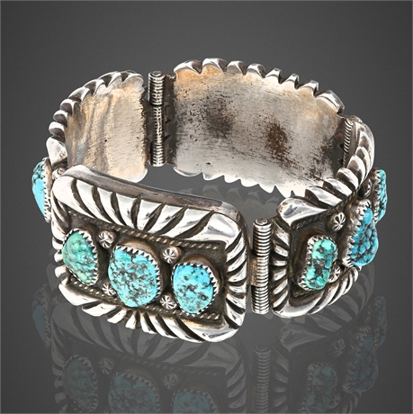 Navajo R.W. James Sterling Silver Hinged Panel Bracelet with Natural Turquoise