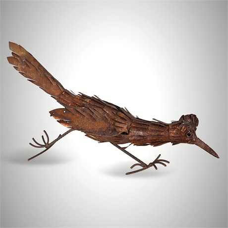 34" Rusty Iron Roadrunner Sculpture — Stately Folk Art with Iron Rebar Feet