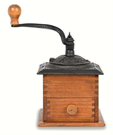 Vintage Wooden Coffee Grinder with Cast Iron Top