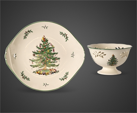 Spode Christmas Tree Tray & Pedestal Bowl – S3324‑Q/A10, England, 2‑Pc Set