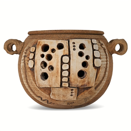 Studio Pottery Vessel, Signed & Dated 1982 – Hand-Sculpted Relief with Insert