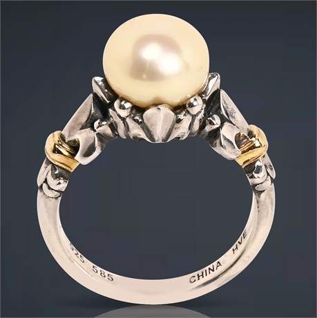 Sterling & 14K Gold Pearl Fleur-de-lis Ring