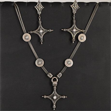 Vintage Hand Crafted Sterling Cross Necklace and Earring Set