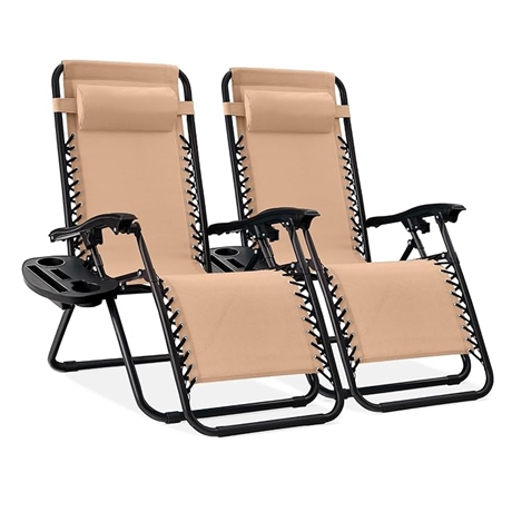Beige Zero Gravity Reclining Patio Chairs (Set of 2) – Foldable