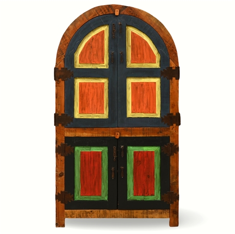 Rustic Mexican Arched Cabinet – Hand-Painted Solid Wood