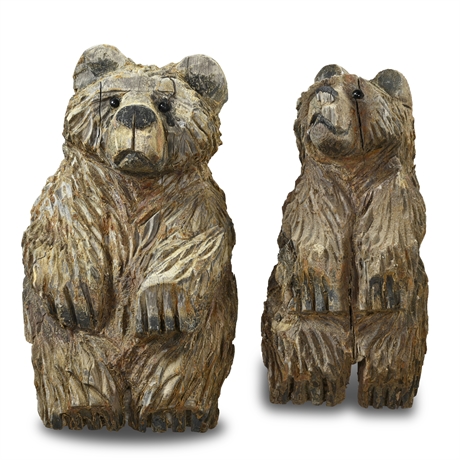Pair Carved Lawn Bears