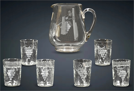 Vintage Etched Glass Pitcher & Cup Set