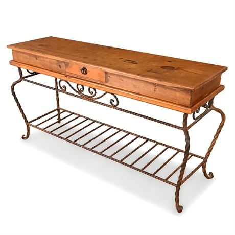Rustic Wood & Wrought Iron Console Table with Drawer — Old-World Style