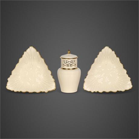 Lenox Ivory China Pierced Lidded Jar & Pair of Gold-Trimmed Triangular Dishes