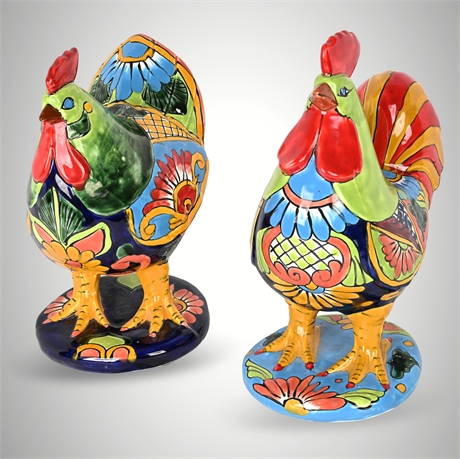 Colorful Ceramic Talavera Rooster Pair – Bold Hand-Painted Ceramic Folk Art