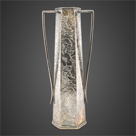 Tapestry Pattern Silverplate Art Nouveau Twin-Handled Rose & Bird Vase