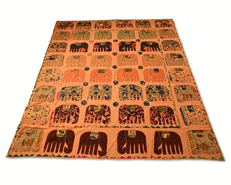 Kantha Quilt with 48 Elephant Appliqués, 96" x 84"
