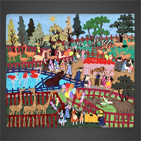 Peruvian Arpillera Wall Hanging — Zoo Scene, 3D Appliqué Folk Art