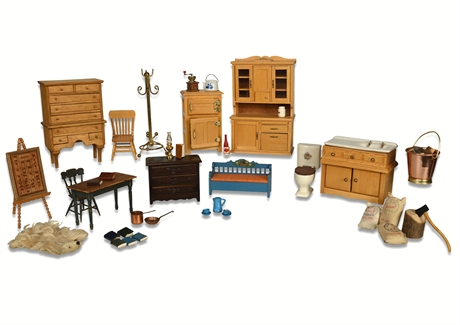 Vintage Miniature Furniture & Accessories Set – 20+ Pieces, Signed Desk & Chair