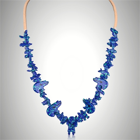 Native Zuni Fetish Necklace & Earrings – 30" Composite Stone, 54 Carvings