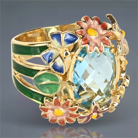 14K Italian Aquamarine Ring with Enamel Floral and Butterfly Design