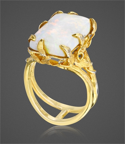 14K Gold Opal Ring – Sculptural Leaf Setting, Signed, Size 5.5