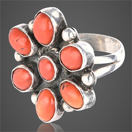 Alfred Yazzie Navajo Sterling Silver & Natural Coral Ring Size 7.5